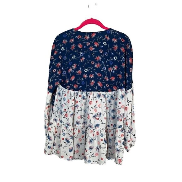 DR2 Top M Blue Floral Boho Western Patchwork Coastal Hippie Peasant Neutral - Picture 8 of 13